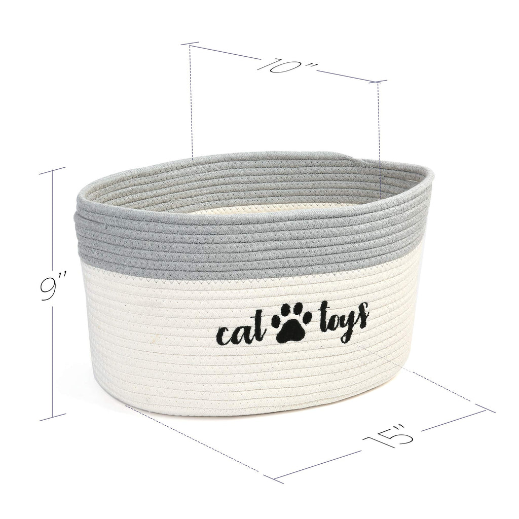 PrimePets Cat Toy Basket, Cotton Rope Storage Basket with Handles, Small Woven Pet Box Bin for Blankets, 15x10x9 inch Cat Holder Container, White and Grey