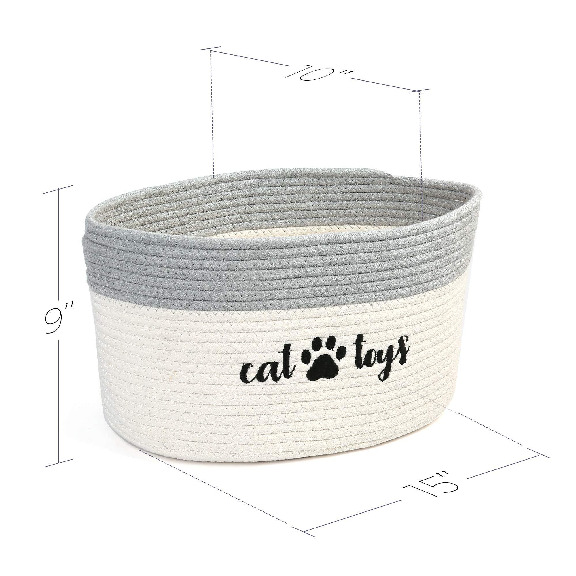 PrimePets Cat Toy Basket, Cotton Rope Storage Basket with Handles, Small Woven Pet Box Bin for Blankets, 15x10x9 inch Cat Holder Container, White and Grey