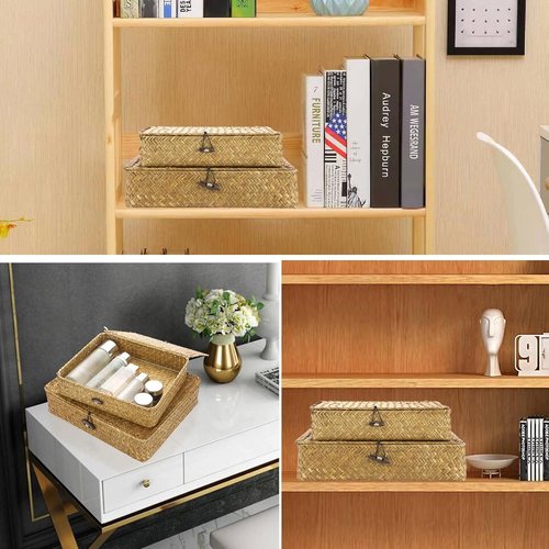 Hipiwe Wicker Storage Bins - Set of 2 Natural Seagrass Baskets with Lids | Multipurpose Home Organizer in Caramel