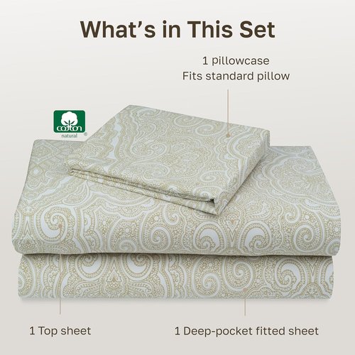 California Design Den Twin Size Cotton Sheets Set - 100% Soft Cotton, 400 Thread Count, Award-Winning Comfort | Paisley Beige