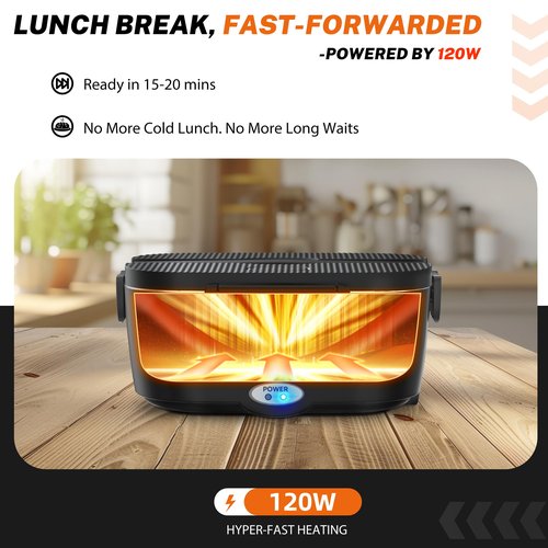 ESOHOT Heated Lunch Box,120W Electric Lunch Box for Adults with 1.5L 304 Stainless Steel Container, 12V/24V/110V Lonchera Eléctrica Portátil for Travel,Work,Car,Truck (Pure Black, 1.5L)