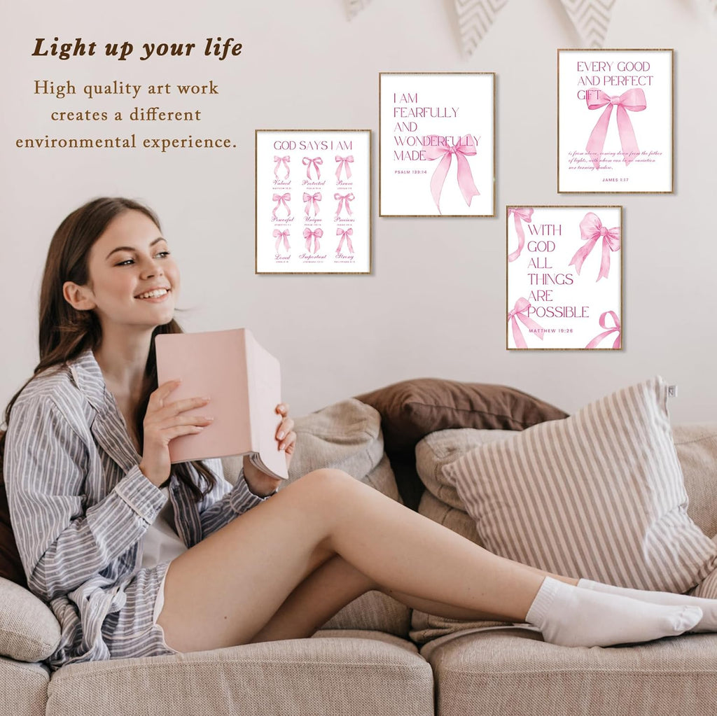 Shescrzionu 4 PCS Coquette Room Decor - Pink Bow Aesthetic Wall Art for College Girls | 10x8 Inch Set