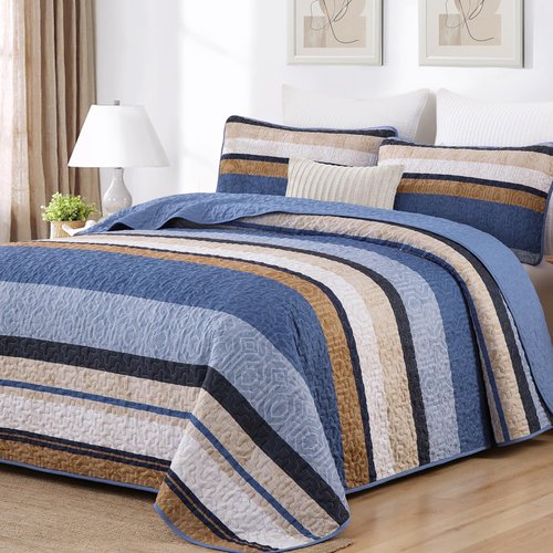 Dobuyly Blue Queen Quilt Set, Boho Bedspread Queen Size, Striped Bedding Sets 3 Pieces, Lightweight Soft Coverlet Bed Sets with 2 Pillow Shams 96"x90"