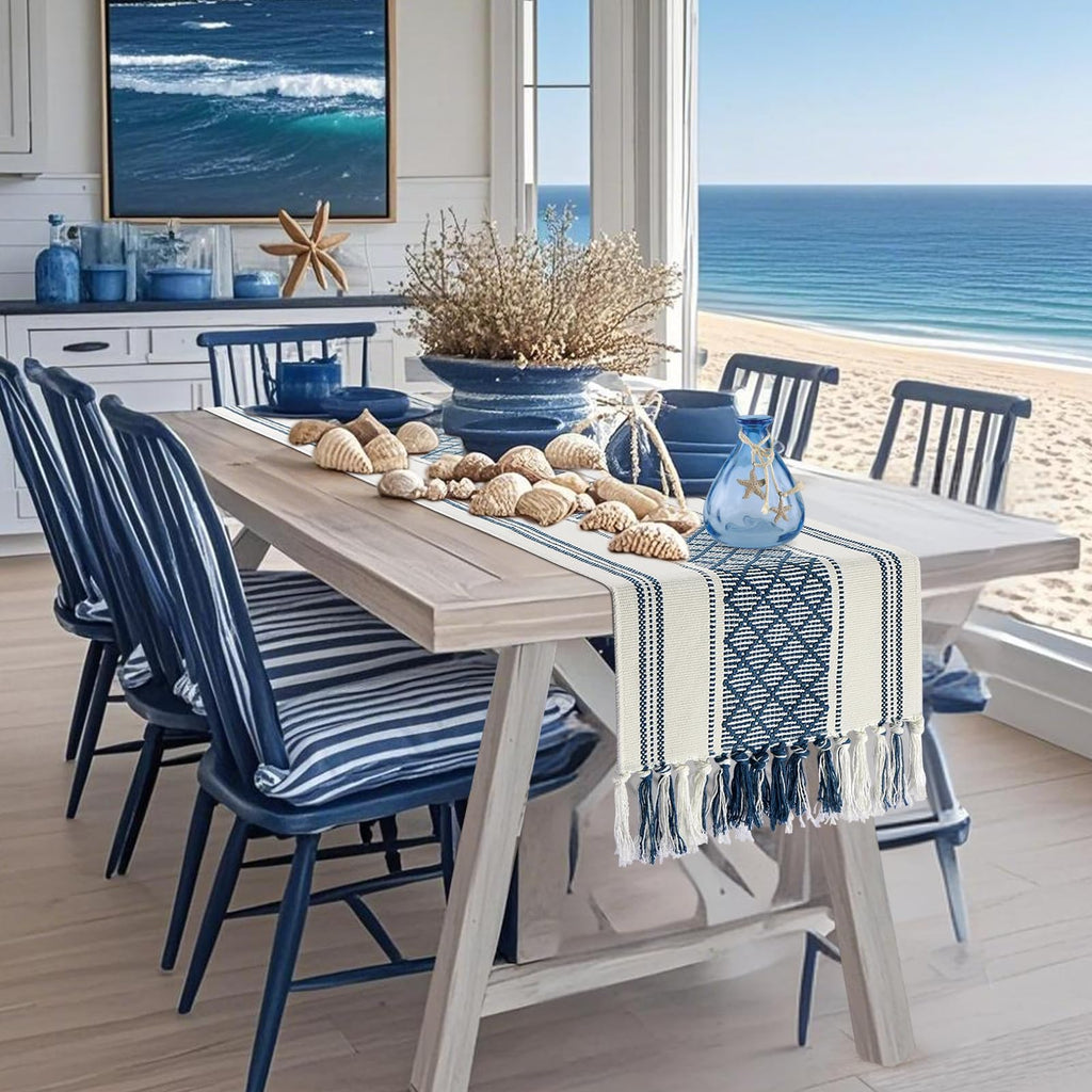 yuboo Blue and White Table Runner Farmhouse Style - Coastal Nautical Woven Table Runner 72 inches Long with Tassels, Dresser Runners for Bedroom, Dining Room, Summer Table Decor