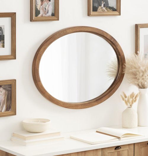 Kate and Laurel Hogan Farmhouse Oval Framed Wall Mirror, 18 x 24, Natural Rustic, Decorative Traditional Wood Mirror with Soft Curvature and Oval Shape
