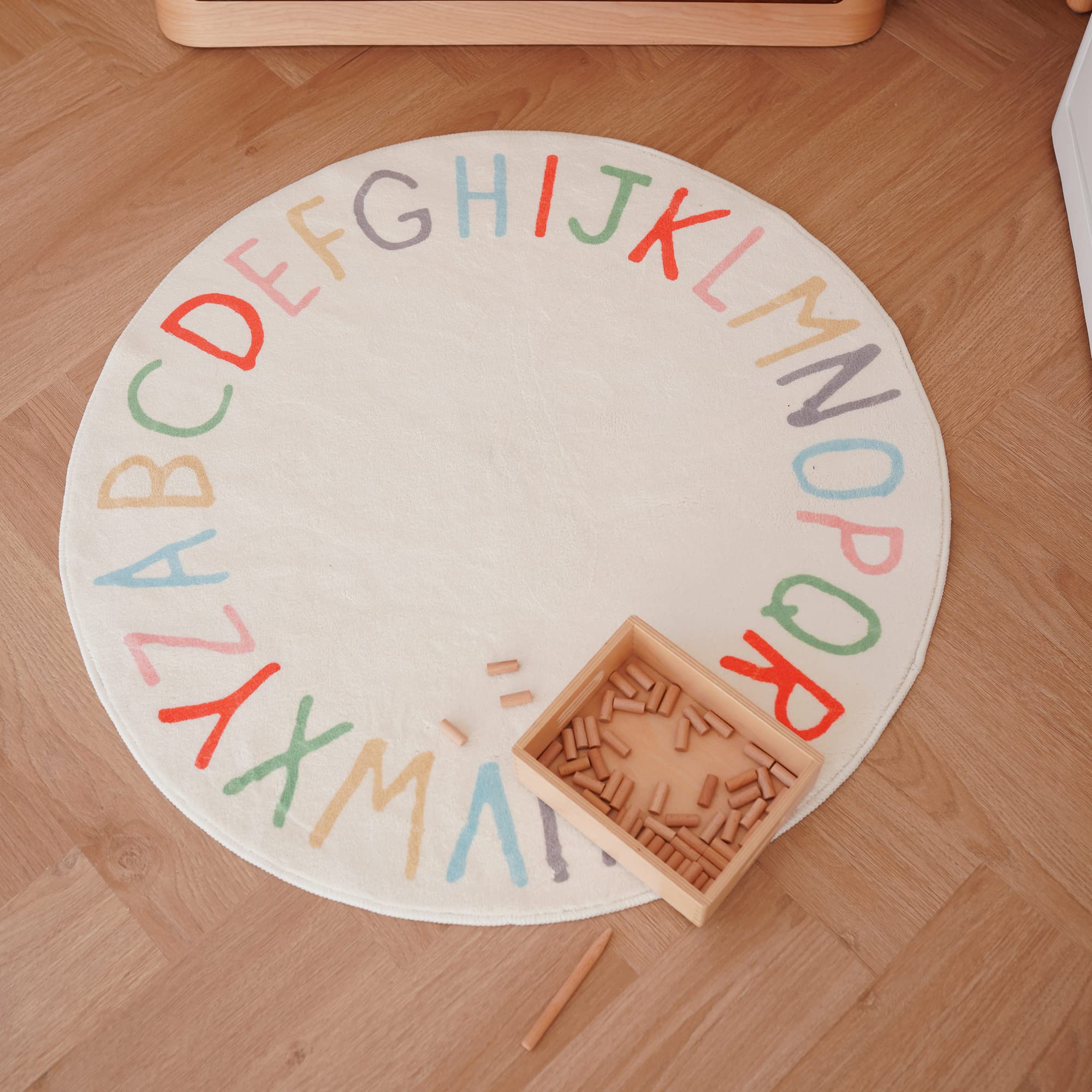 SHIPKEY Round Kids' Rug, Play Rug for Boys, Colored Alphabet Nursery Area Rugs, Kids Bedroom Rugs, Non-Slip Mat, Carpet for Living Room (4 feet)