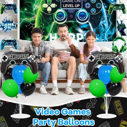 Video Game Party Decorations Set – Gamer Birthday Supplies with Backdrop, Table Cover, Hanging Swirls, Cake Toppers, Foil Balloons for Boys & Kids