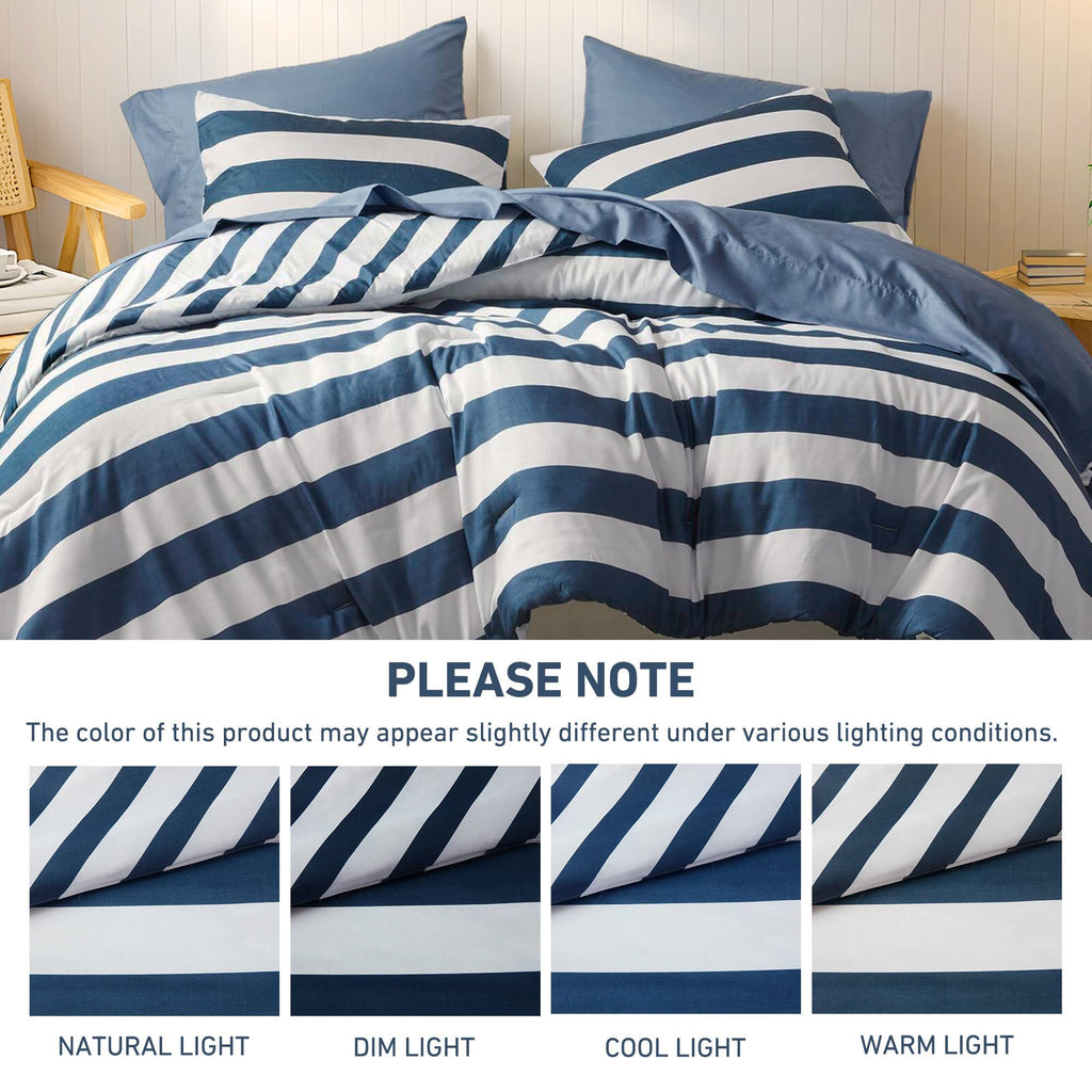 Reversible Striped Full Comforter Set-Bed in A Bag 7-Pieces Bedding Set with Double-sided Stripes Design-Warm & Cozy Bed Set Includes Full Size Comforter, Sheets Set, Pillowcases and Shams, Navy