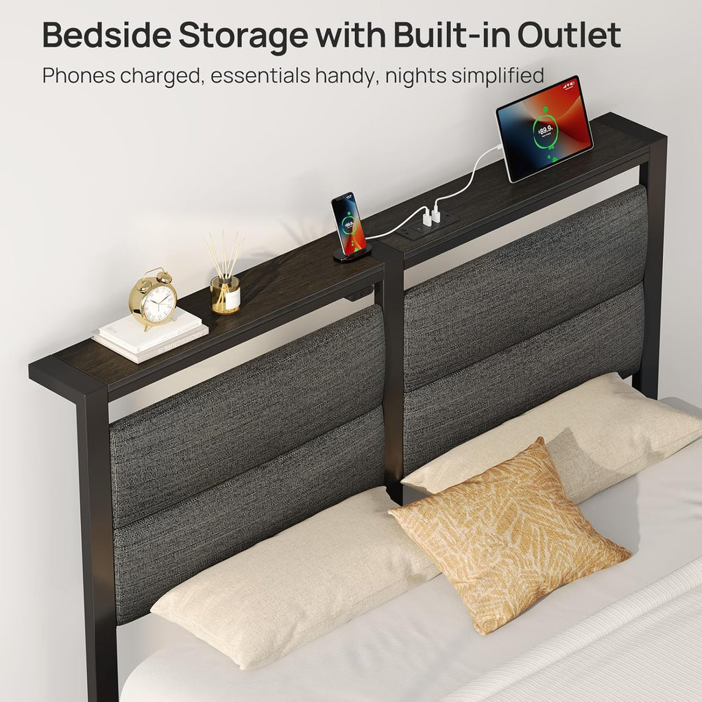 Rolanstar Full Size Bed Frame - Upholstered Storage Headboard with Charging Station & LED Lights | Grey