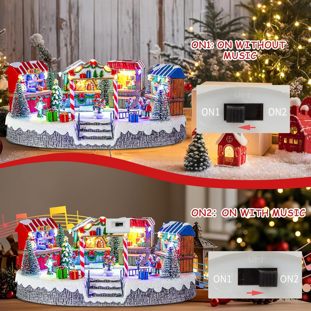 Bdor Christmas Market Village Scene - LED Lights & Music | 8.3 x 5.9 x 5.9 Inches Holiday Décor