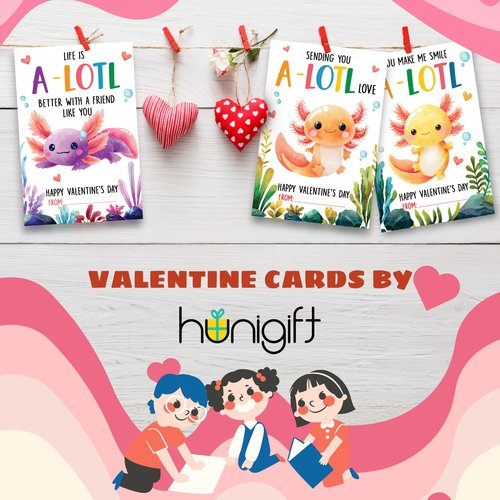 HUNIGIFT Axolotl Valentines Day Exchange Card, 36 Packs for Kids, School, Party Favors - Axolotl Valentine Cards, Animal Valentines Day Cards - 3.2''x 4.7'' Cute 6 Designs with Envelopes, Stickers