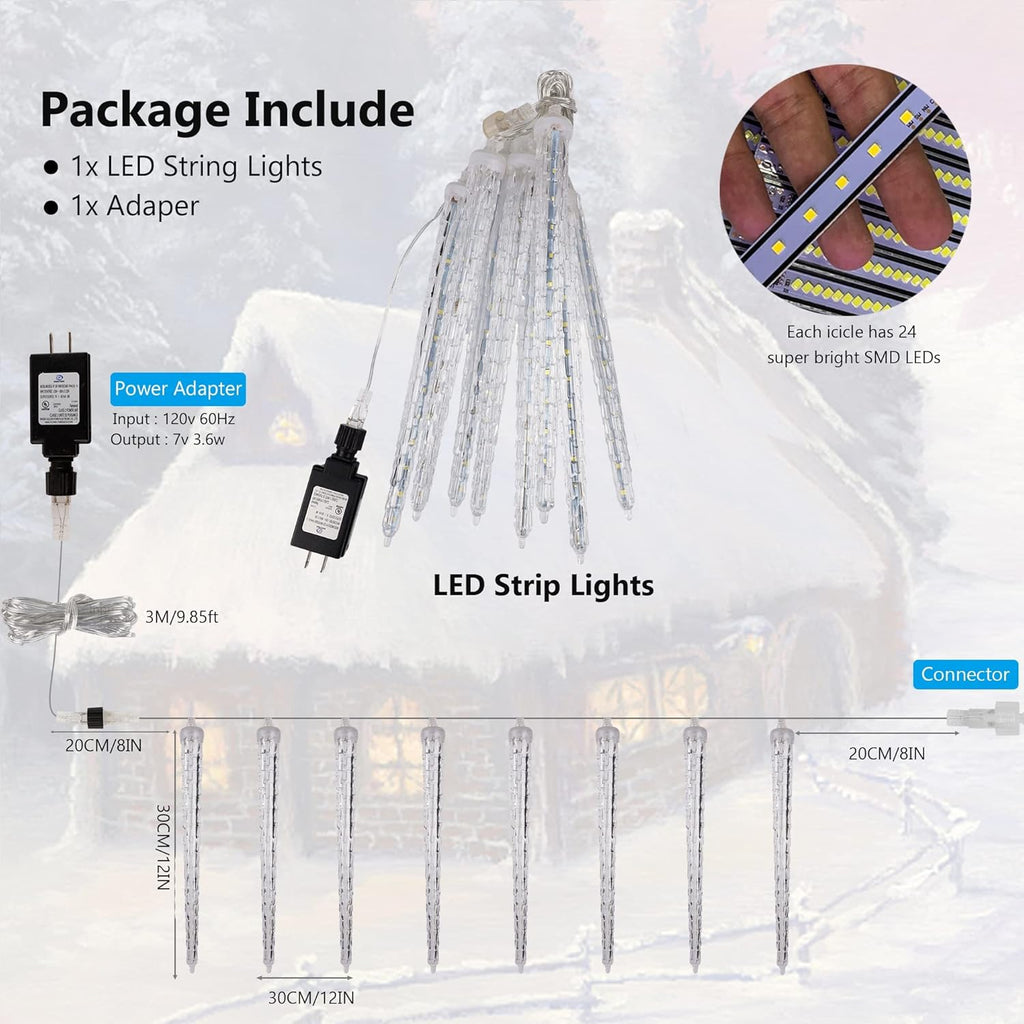 WATERGLIDE Meteor Shower Lights - 12" Outdoor Icicle Christmas Lights | 8 Icicles with 192 SMD LED, Connectable Raindrop Design, Blue Holiday Decor