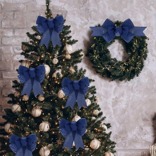 Meseey Navy Blue Wired Ribbon - Handmade Burlap Bows for Wreaths & Gift Wrapping | Set of 2