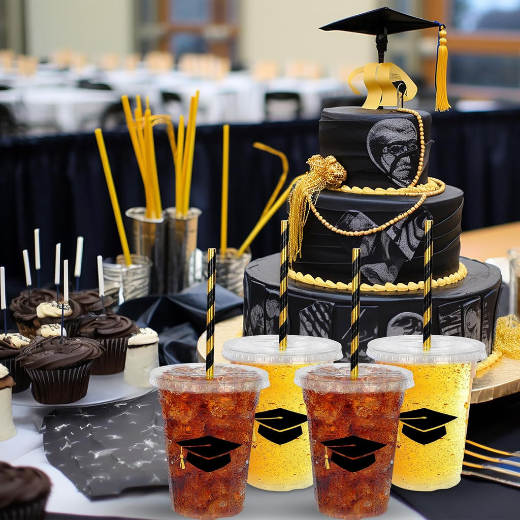 Whaline 50Pcs 12Oz Graduation Cups - Black Plastic Cups with Lids & Straws for Party Supplies
