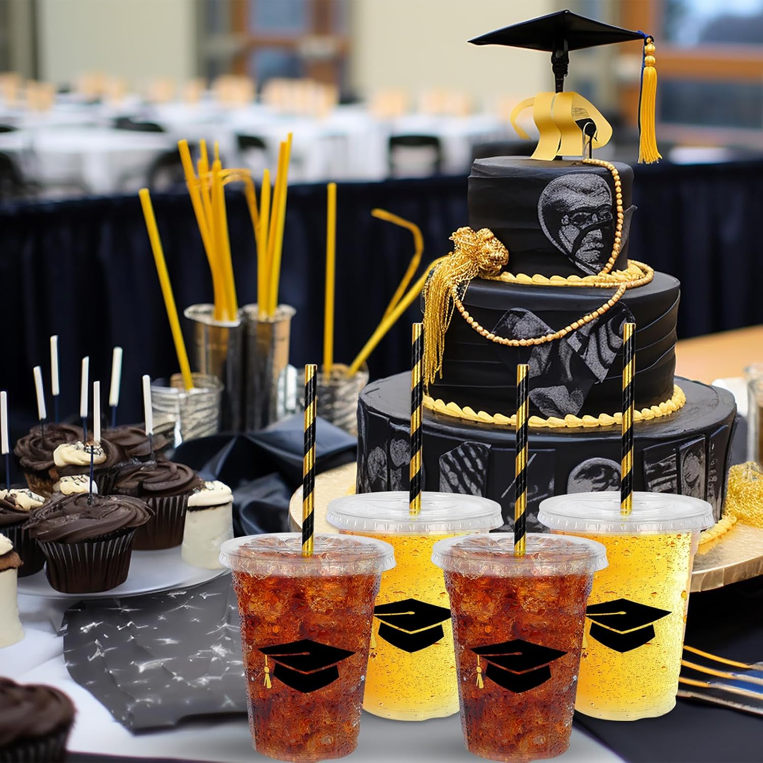 Whaline 50Pcs 12Oz Graduation Cups - Black Plastic Cups with Lids & Straws for Party Supplies
