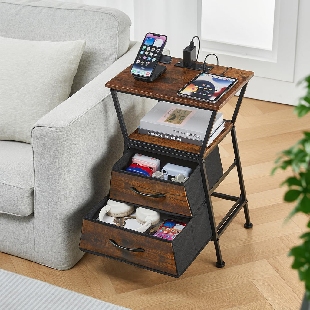 ZEXVIDA Nightstand with Charging Station, Side Tables for Bedroom with Built-in USB Side Table with 2 USB Ports and Outlets Nightstand with Cloth Drawer End Tables Living Room Sofa Couch