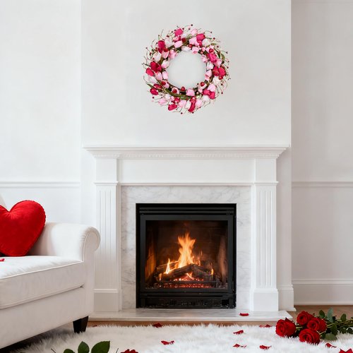 MAINGKAUNG Valentines Day Decorations 20 Inch Valentine's Day Wreath Pink Valentine Wreaths for Front Door with Red Love Heart Berries Pink Tulips Wedding Anniversary Decor