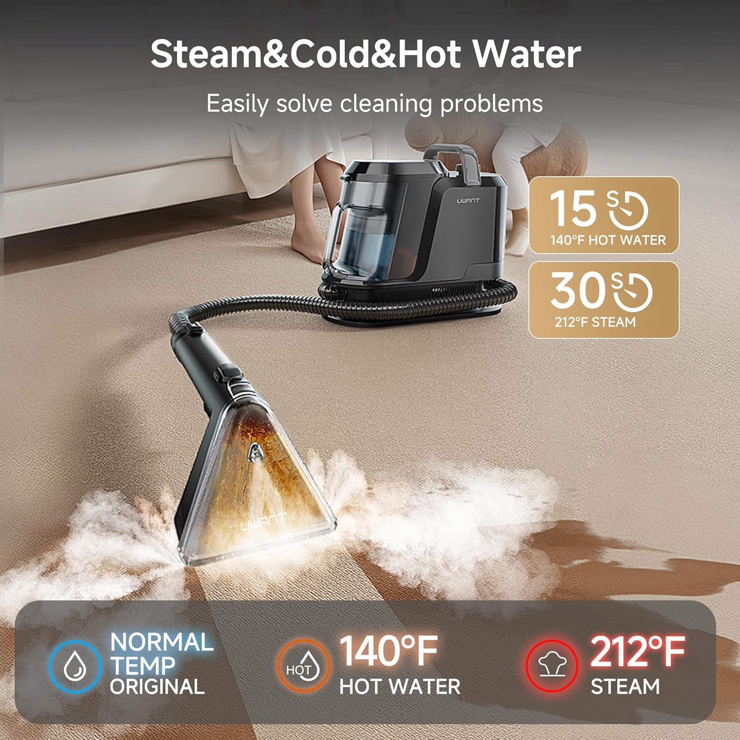 Uwant Carpet Cleaner Machine - 18Kpa Powerful Suction | Steam & Hot/Cold Water System for Pets & Upholstery