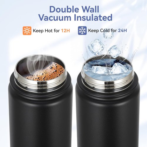 HASLE OUTFITTERS Insulated Water Bottle - 16 oz Double Wall Stainless Steel | Leak-Proof, Wide Mouth, Black