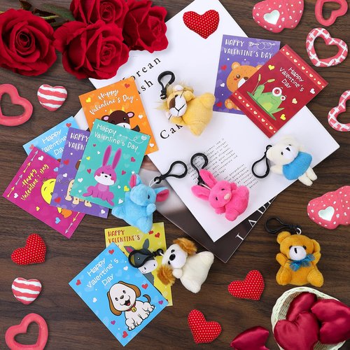 28 Pack Valentines Day Gift Cards for Kids with Mini Animal Plush Toys Keychains,Stuffed Animal for Students Classroom Exchange,Valentines Party Favor Supplies,Game Prizes,Gift for Toddlers Girls Boys
