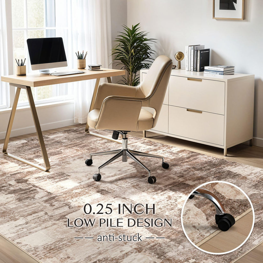 kakania 5x7 Washable Area Rug - Abstract Soft Non-Slip Modern Low-Pile Carpet for Living Room Bedroom Office Dorm, Kid Pet Safe Robot Vacuum Friendly - Brown