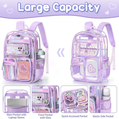 Fimibuke Clear Backpack - Heavy Duty PVC Transparent Bookbag Set for Girls | Includes Lunch Box & Pencil Case, Pink
