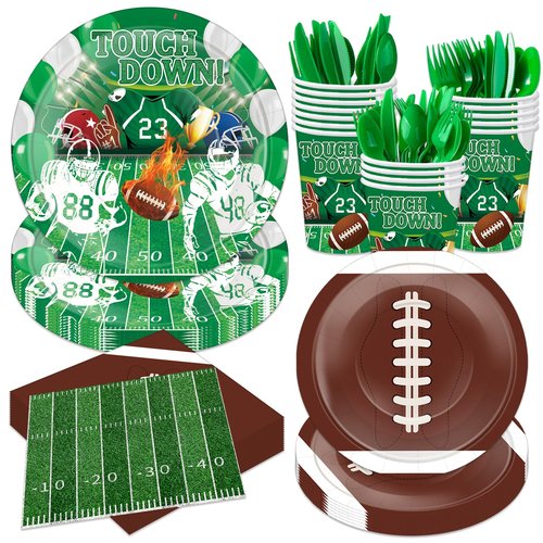 Xionpe 168 PCS Football Disposable Tableware Set, Football Party Supplies with Plates, Cups, Napkins, Cutlery (Forks, Spoons, Knives), Serves 24 Guests for Game Day, Birthday & Tailgate