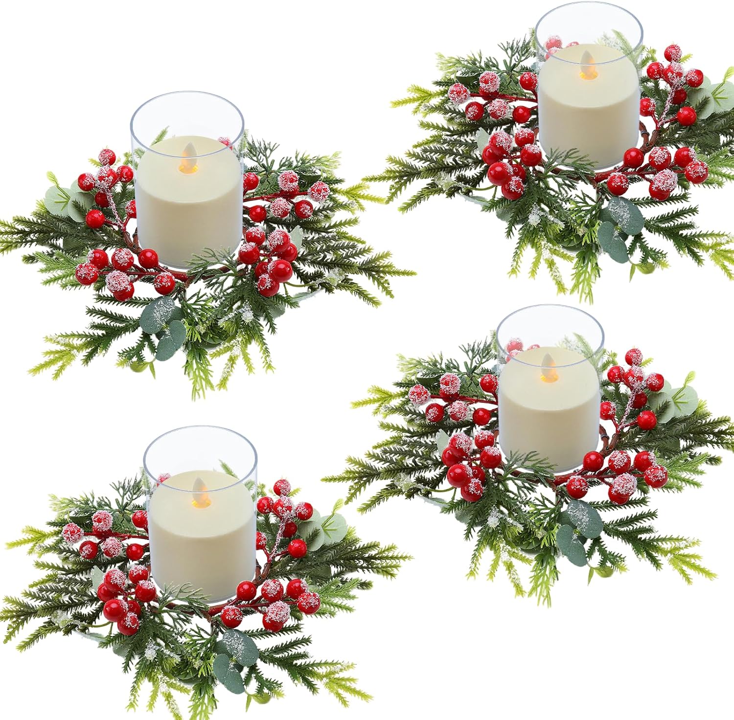 Skiennix Christmas Candle Rings - Mini Wreaths with Red Berries | 4-Pack 2.76-Inch Snowy Pine Decor