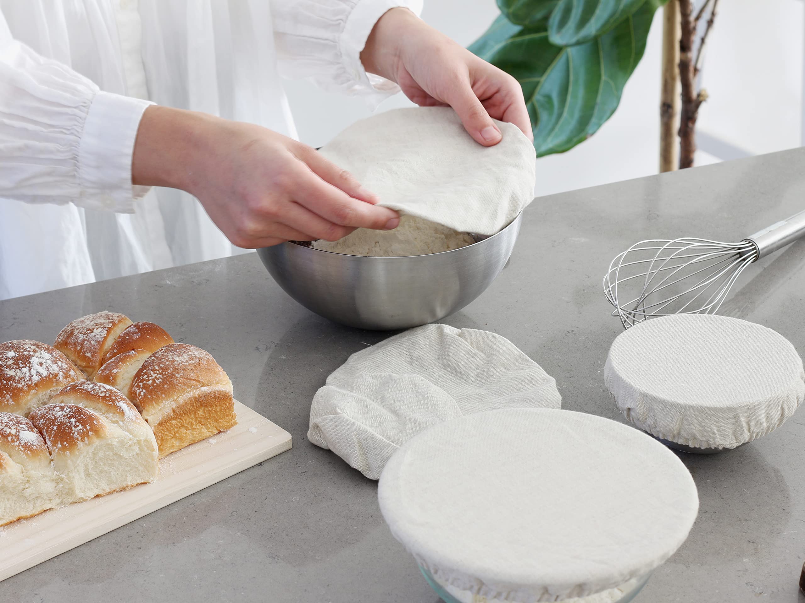 Reusable Fabric Bowl Covers for Bread Proofing - Washable, Dye-free, and All-Natural 100% Linen Cloth Bowl Covers for Bread Rising - Elastic Closure to Fit Multiple Bowl Sizes (1 XL, 1 L, 1 M, 1 S)