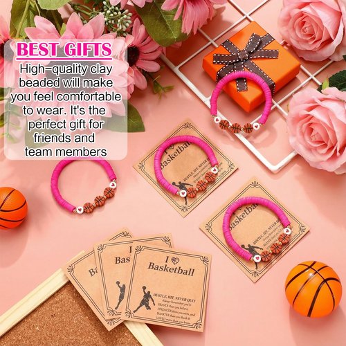 Ecation 20 Set Basketball Bracelets Gifts Basketball Party Favors Bead Bracelets Team Gift with Inspirational Card for Senior Night Gifts Sport Team Lovers Players Birthday Party(Pink)