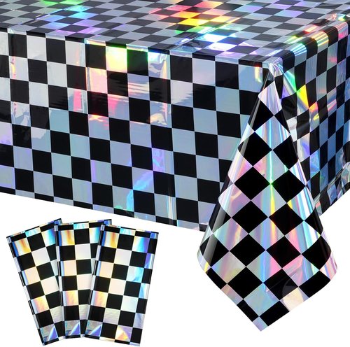 Checkered Plastic Tablecloths by Iridescent | Shiny Disposable Laser Rectangle Covers - 54x108 Inch
