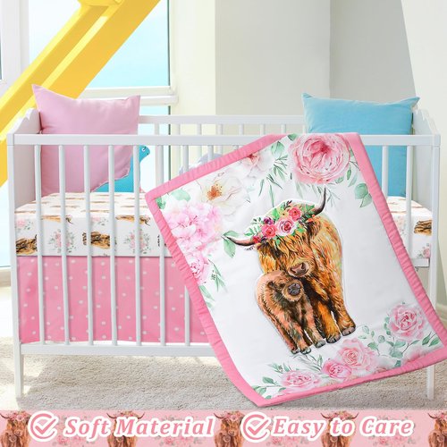 Hahafelt 3 Piece Highland Cow Baby Crib Bedding Set for Baby Girls Pink Floral Nursery Crib Sets Includes Quilt,Fitted Crib Sheet, Crib Skirt for Newborns Baby Boy Girl