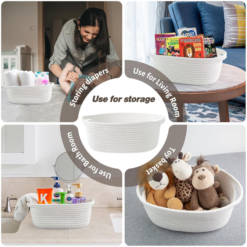 Yeeeasy Small Woven Basket - Cute Gift Basket with Ribbons | 12"x8"x5" White Storage for Toys