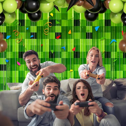 PIONUX 2 Pack Green Foil Fringe Curtains Pixel Birthday Backdrop, 3.2x6.6ft Video Game Door Streamers for Boys Gaming Birthday Party Decorations Supplies Favors