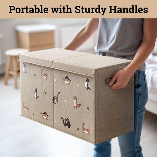 Collapsible Toy Storage Box with Handles, Removable Divider & Detachable Lid - Dinosaur Print Kids Toy Box for Boys & Girls - Storage for Toys Living Room, Bedroom & Playroom - Large Bin for Toys