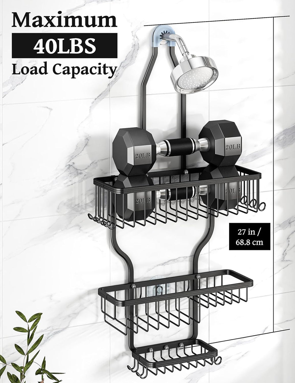 YASONIC Shower Caddy - Durable Aluminum Over Shower Head Organizer with 10 Hooks & Soap Basket - Black