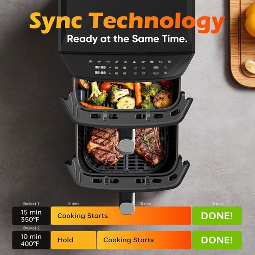 Dual Basket Air Fryer - 12.6QT Family-Size for 10-12 People | XL Basket for 6LB Whole Chicken, 10-in-1 Functions