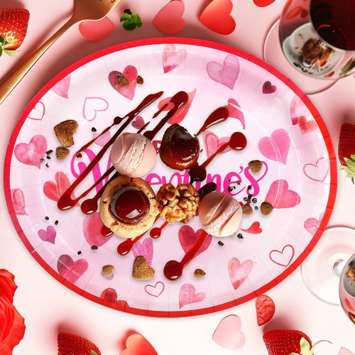 ceiba tree Valentines Day Oval Paper Plates 30Pcs Pink Red Heart Oval Paper Plates Disposable Tableware Dinnerware Set Happy Valentine's Day Party Supplies