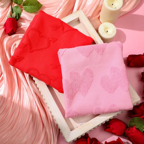 Remagr 2 Pcs Valentine's Day Bathroom Hand Towel Cotton 3D Red and Pink Hearts Jacquard Weave Kitchen Towel 29.5 x 13.7 Inch Bath Decor Married Couple Gifts Anniversary Wedding Decoration