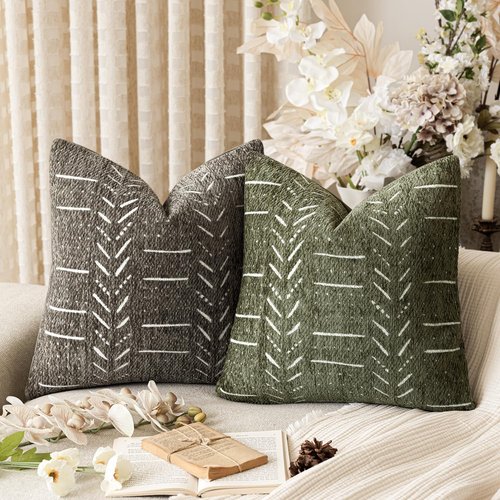 vivrudil Home Décor Decorative Boho Accent Chenille Throw Pillow Covers Textured Neutral Cushion Covers Soft Farmhouse Pillowcase for Couch Sofa Bed Living Room, 18×18 Inch, Set of 2, Olive Green