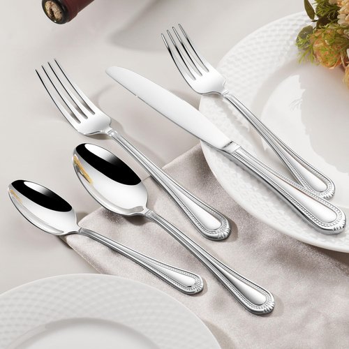 40-Piece Flatware Set for 8, Heavy Duty 18/10 Stainless Steel Silverware Set, Weighted Silverware Knives Forks and Spoons Set, Beaded Edge Handle, Dishwasher Safe