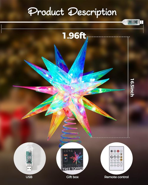 Ariceleo RGB LED Christmas Tree Topper Star - APP-Controlled, USB Powered, 16.5" Decorative Multi-Color Star