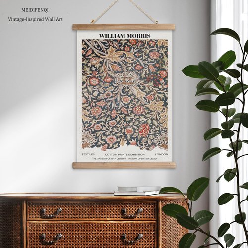 MIDEFINCH Vintage Floral Scroll Textile Print Poster - Retro Botanical Wall Art | 16x23 Inch with Wooden Hanger