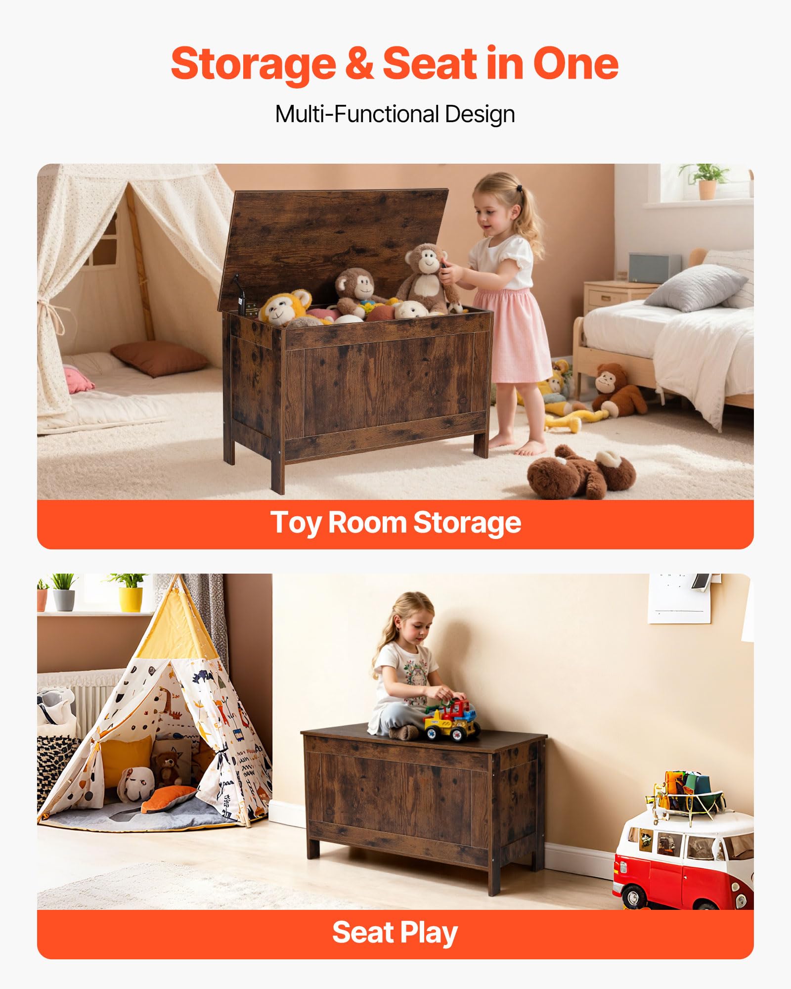 VEVOR Kids Storage Bench, Wooden Toy Box Chest, Large Storage Cabinet with Safety Hinge, Toddlers Retro Storage Bench for Playroom, Living Room or Entryway, 29.7 x 15.3 x 18.9 in, Easy Assembly, Brown