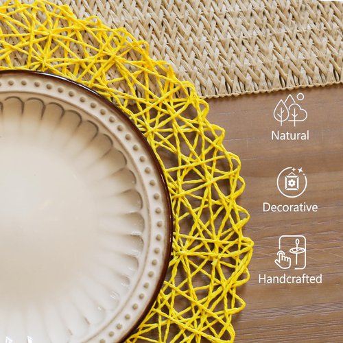 AHHFSMEI Paper Braided Round Placemats Set of 8 Natural Non-Slip Heat Resistant Table Mats for Dining Tables Woven Indoor Outdoor Place mats for(Yellow,8)