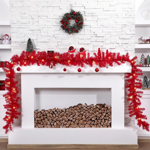 Jutom 13.2 ft Valentine's Garlands with 16.4 ft LED Lights Artificial Garland Romantic Pine Valentine Garland Decoration for Stairs Fireplace Mantel Front Door Porch Holiday Party(Red)