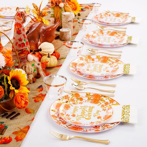Supernal 175pcs Thanksgiving Plastic Dinnerware Set,Disposable Plates with Gold Plastic Silverware and Cups,Pumpkin and Maple Leaf Design for Thanksgiving Day Party