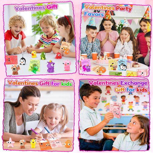 vewicokop Valentine's Day Cards for Kids School with Pop-Eye Animal Keychains,24 Pack Squeezy Fidget Toys with Pop Out Eyes for Classroom Exchange Prizes, Party Favors,Kids Valentine Gifts Set