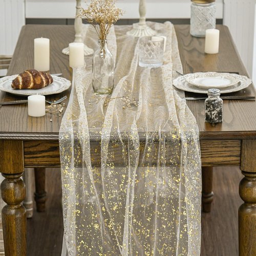 Artoid Mode 6Pcs Beige Gold Gauze Table Runner 120 Inch 10FT, Glitter Metallic Foil Sheer Dining Wedding Anniversary Holiday Birthday Table Decor for Home Party