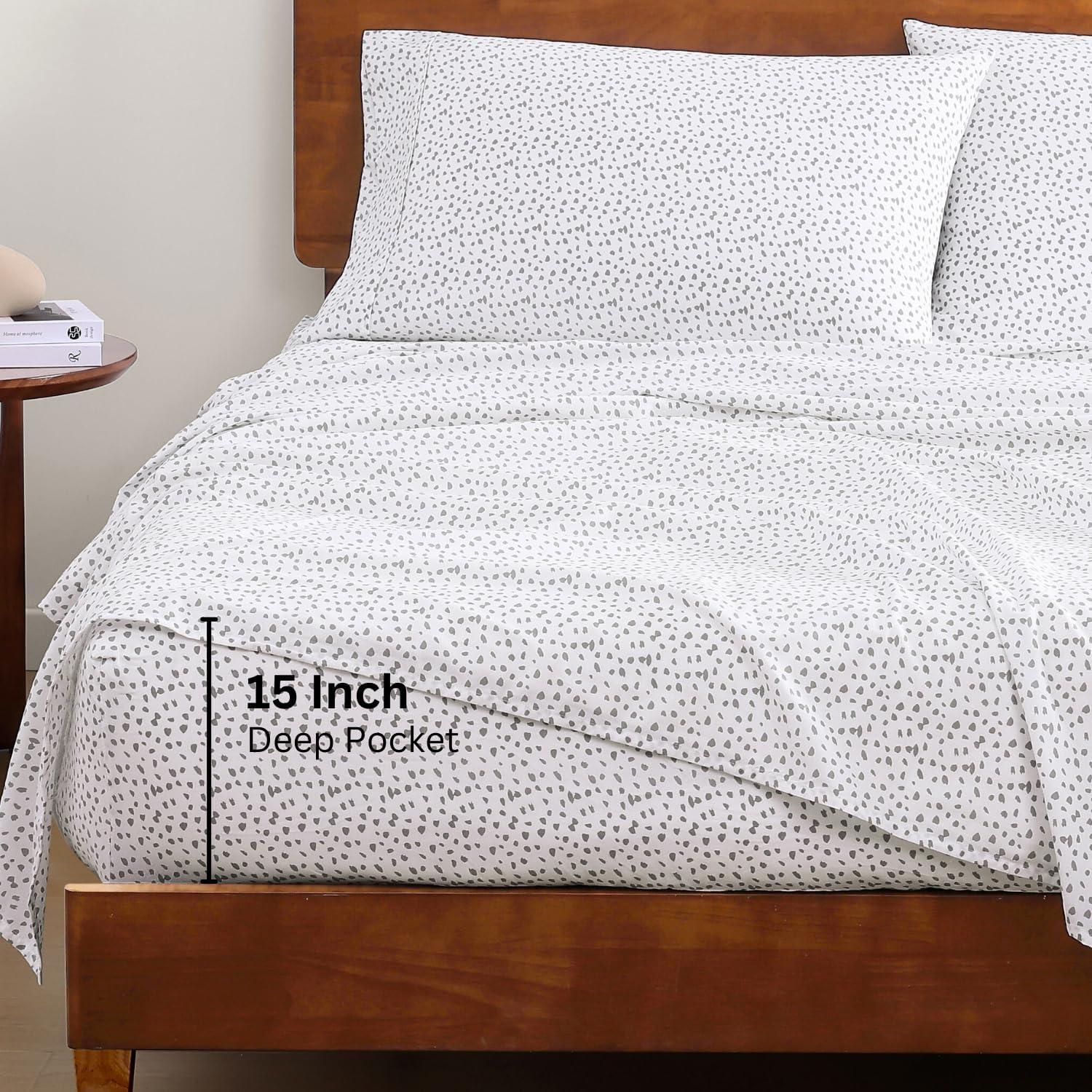Skiennix 100% Organic Cotton Full Sheet Set - Ultra Soft, Breathable, GOTS Certified, White with Grey Dots, Fits Mattresses Up to 15 Inches Deep